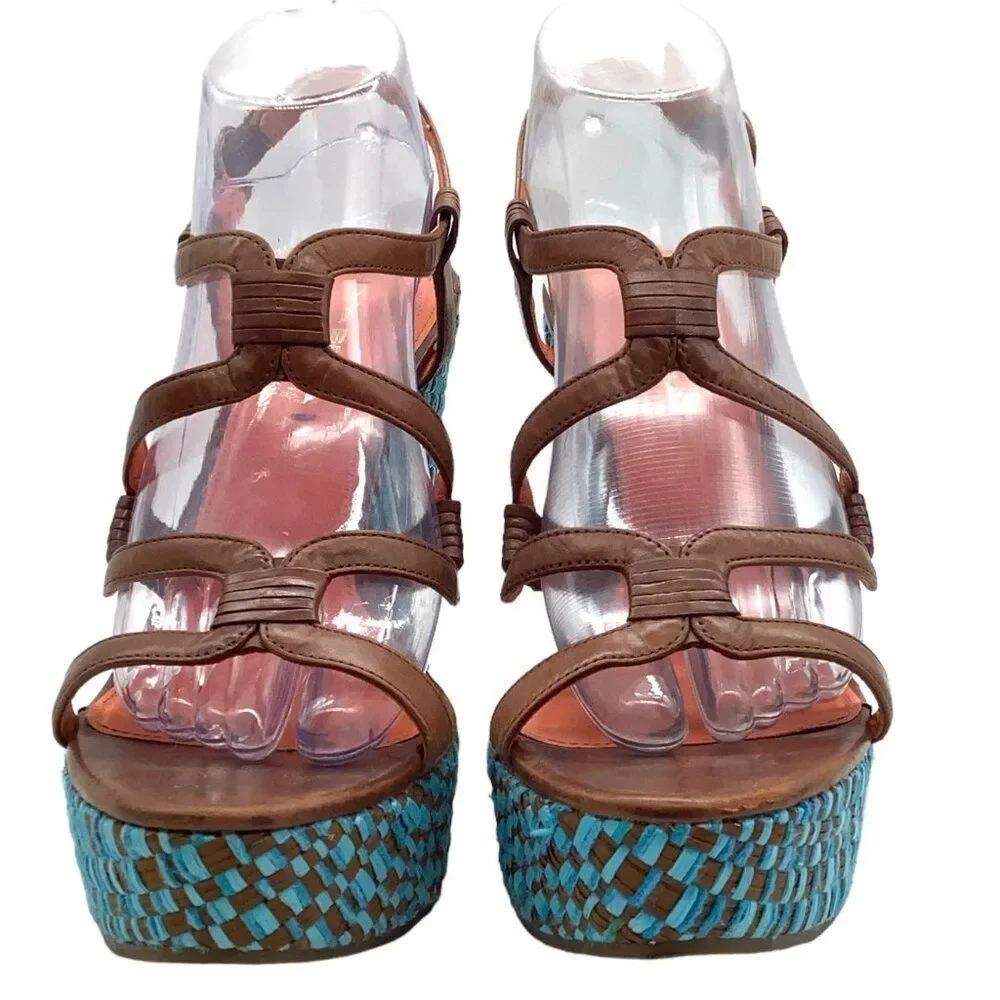 VIA SPIGA Cai Leather Platform Woven Wedge Sandals 41 9 Strappy Caged Mod Retro